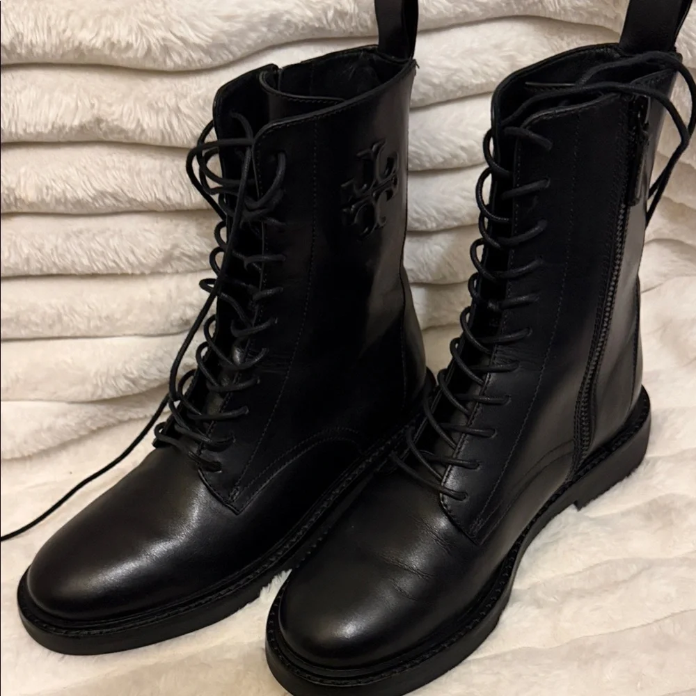 Tory Burch Black Leather Lace-Up Combat Boots with Logo